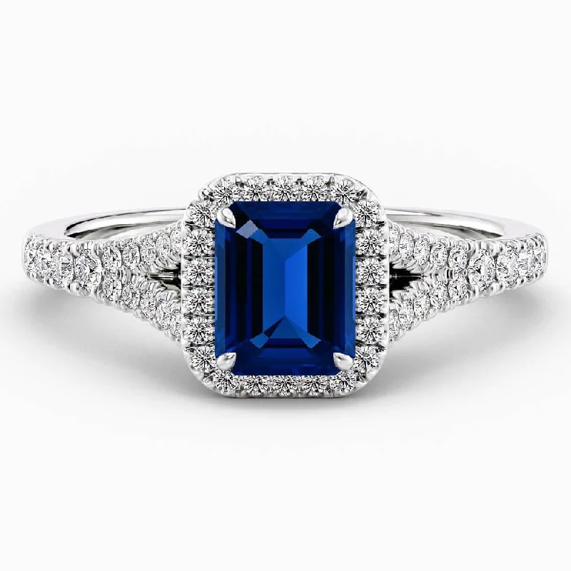 women's engagement rings with natural diamonds-1.90 Carat Emerald Shape Halo Blue Sapphire Engagement Ring