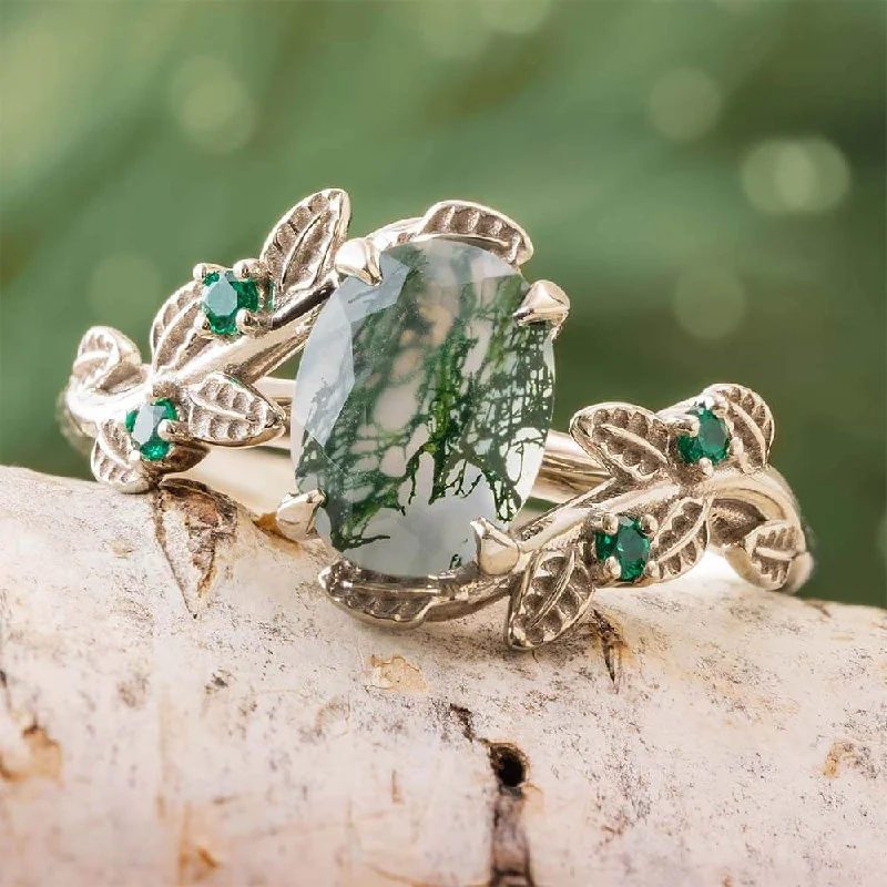 women's sapphire rings-Floral Engagement Ring with Moss Agate