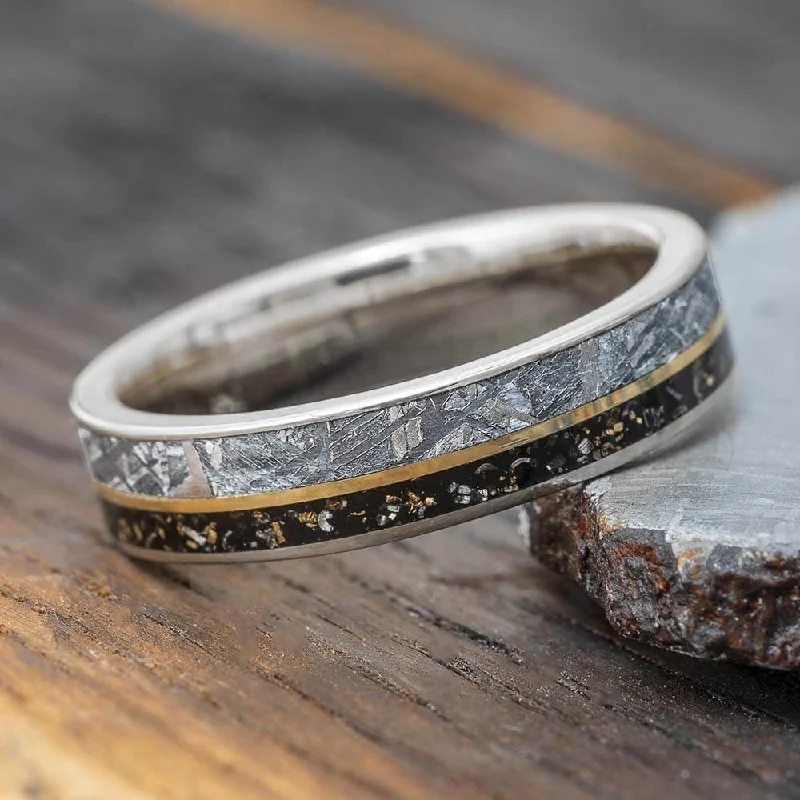 women's anniversary band rings-Thin Meteorite Wedding Band with Gold Pinstripe