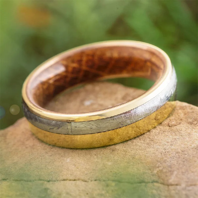 women's alternative engagement rings-Meteorite and Whiskey Barrel Oak Ring in Yellow Gold