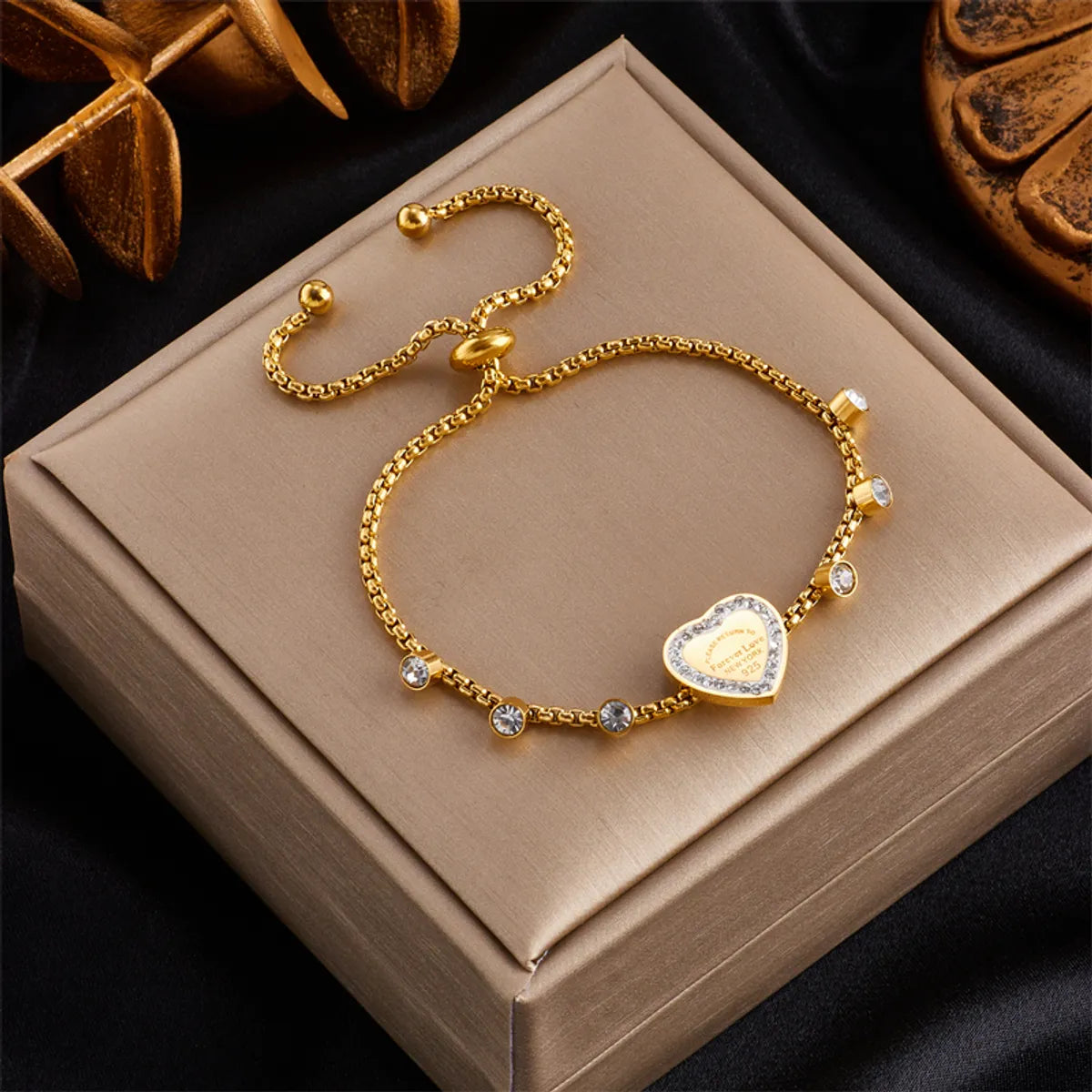 women's leather bracelets-Casual Vintage Style Letter Heart Shape Stainless Steel Plating Inlay Rhinestones 18k Gold Plated Bracelets