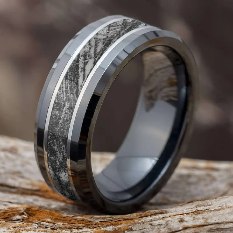 women's adjustable rings-Black Ceramic Men's Ring with Meteorite Pattern