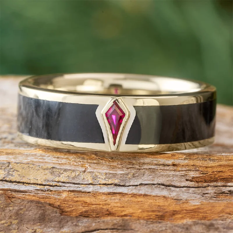 women's silver wedding bands-Black Jade Wedding Band in White Gold with Ruby