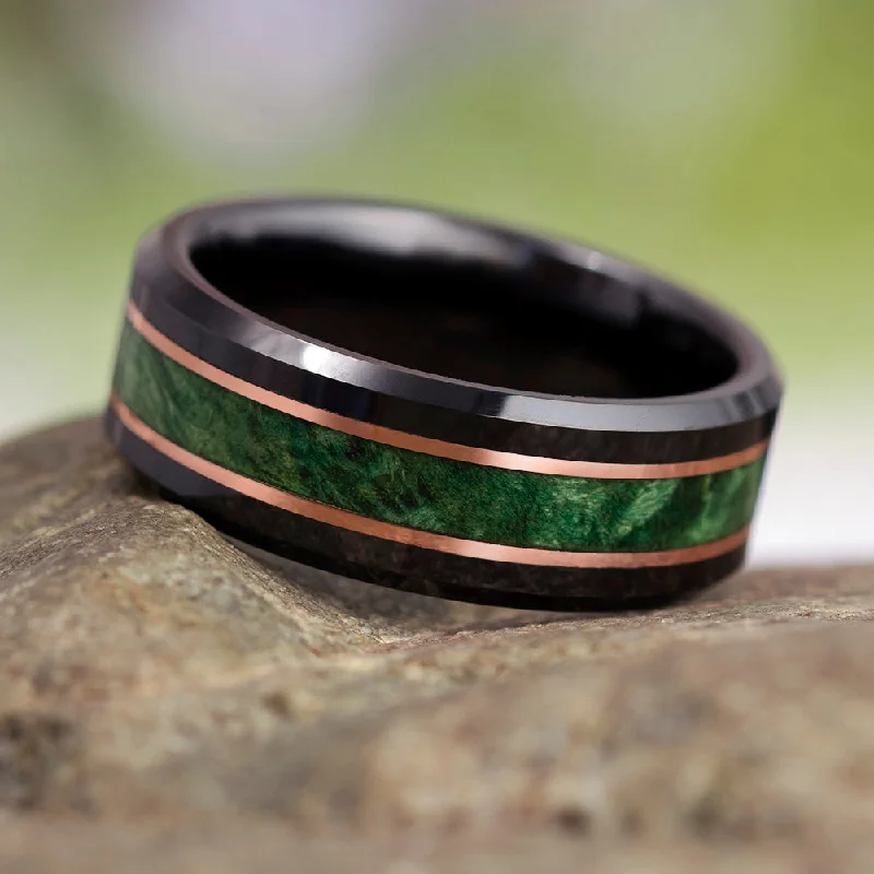 women's cocktail rings-Green Wood & Black Ceramic Ring With Pinstripes