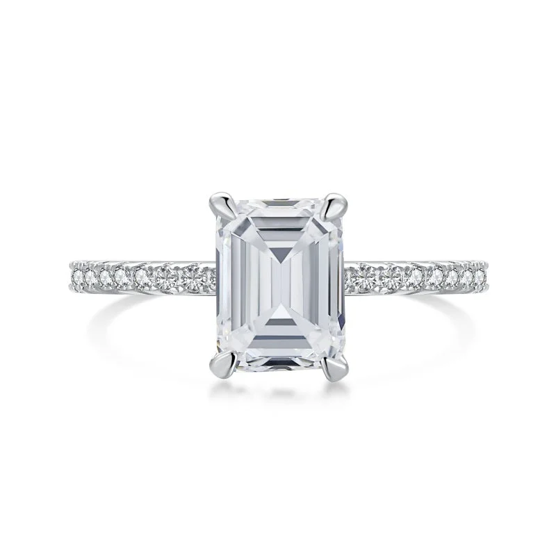 women's colorful gemstone engagement rings-Silver Emerald Cut Diamond Ring