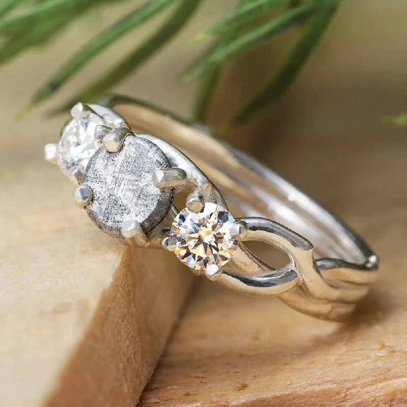 women's silver rings-Meteorite & White Sapphire Engagement Ring