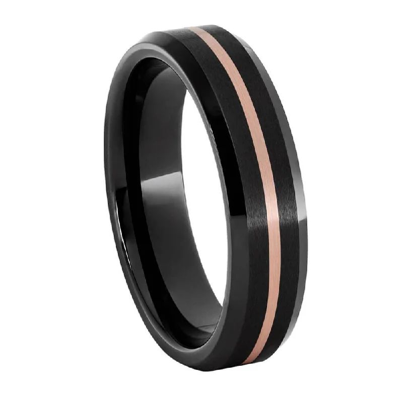 women's solitaire diamond rings-Centered Rose Gold Pinstripe in Black Ceramic Ring