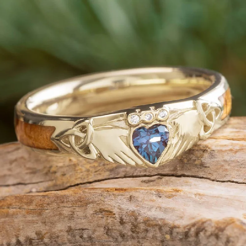 women's double band rings-Trinity Knot Claddagh Ring with Koa Wood Inlay