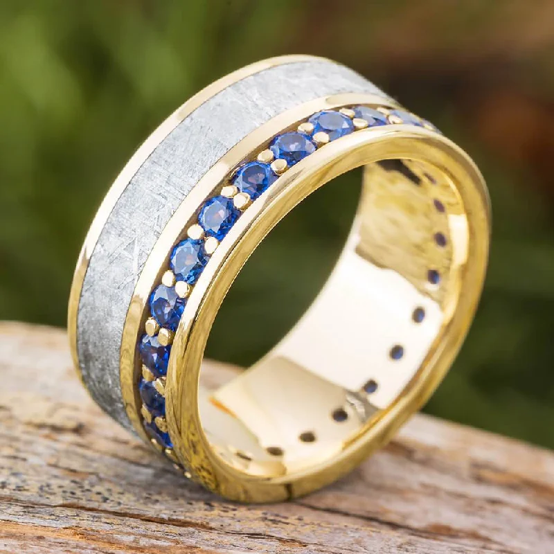 women's cubic zirconia rings-Meteorite Eternity Band with Blue Sapphires in Yellow Gold