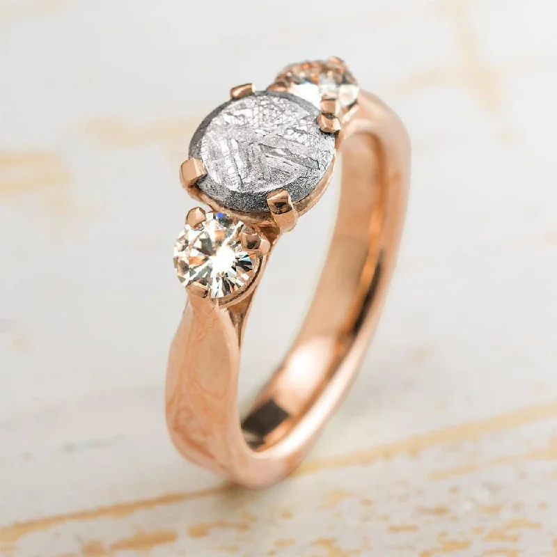 women's vintage-inspired rings-Three Stone Engagement Ring with Gibeon Meteorite in Rose Gold