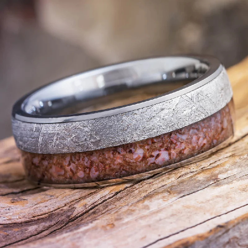 women's adjustable rings-Tungsten Ring With Meteorite & Fossilized Dinosaur Bone