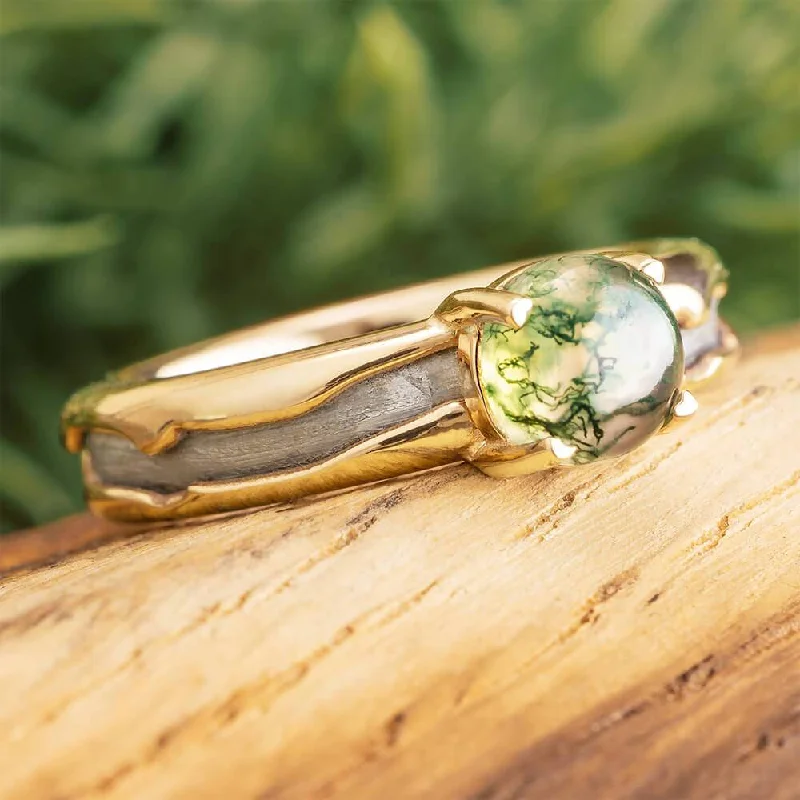 women's silver rings-Moss Agate Engagement Ring with Meteorite in Solid Gold