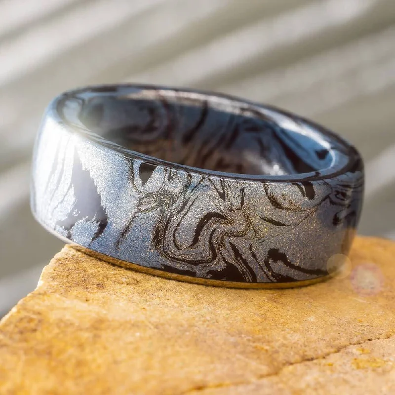 women's princess-cut rings-Cobaltium Mokume Gane Wedding Band with Titanium Edge