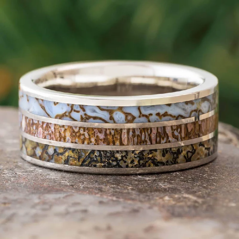 women's nature-inspired rings-Dinosaur Bone Wedding Band with Three Inlays