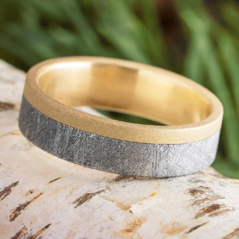 women's promise rings-Meteorite and Yellow Gold Wedding Band with Sandblasted Finish