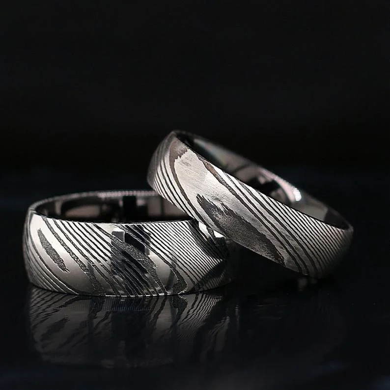 women's antique engagement rings-His and Her Damascus Steel Wedding Rings Set Mokume Gane Wedding Band Set