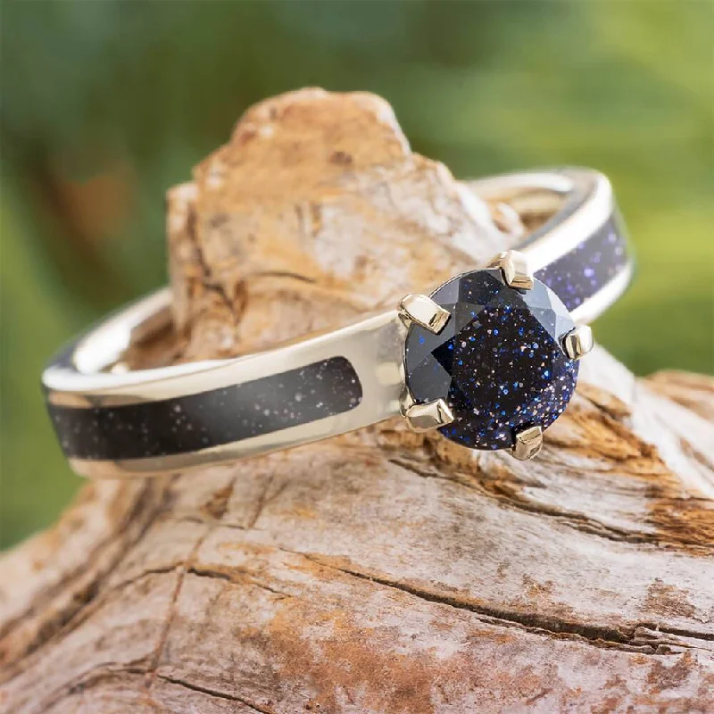 women's art deco rings-Blue Goldstone Solitaire in White Gold