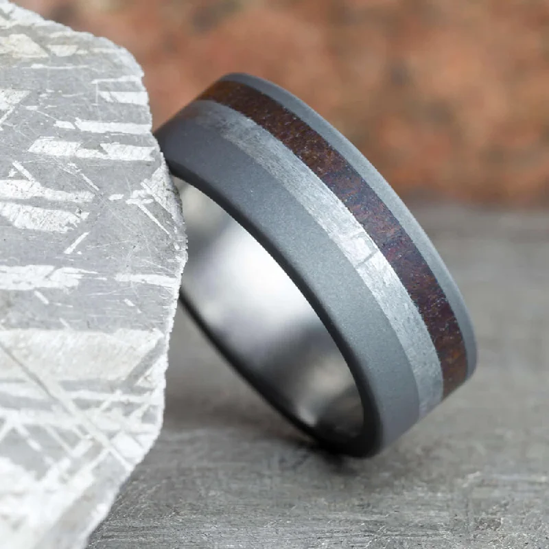 women's vintage style rings-Meteorite and Dinosaur Bone Ring in Sandblasted Titanium