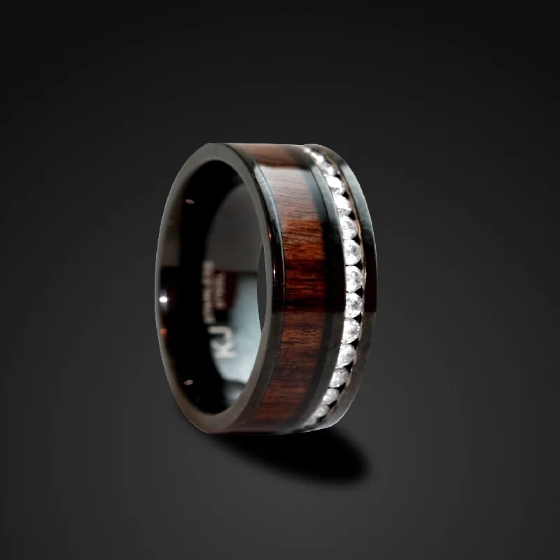 women's vintage-inspired engagement rings-Hawaiian Koa Wood Ring Black Stainless Steel Wood Wedding Band 8mm