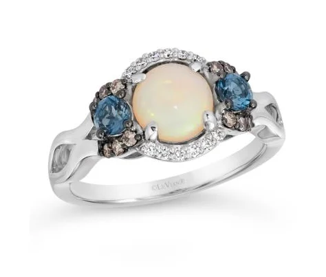 women's two-tone engagement rings-14K Vanilla Gold 1.04cttw Neopolitan Opal & Deep Sea Blue Topaz & 0.19cttw Chocolate & Vanilla Diamond Ring