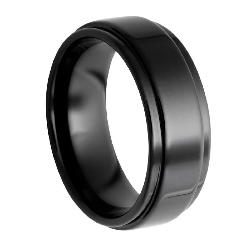 women's vintage style rings-Men's Wedding Band in Black Ceramic, Grooved Edges