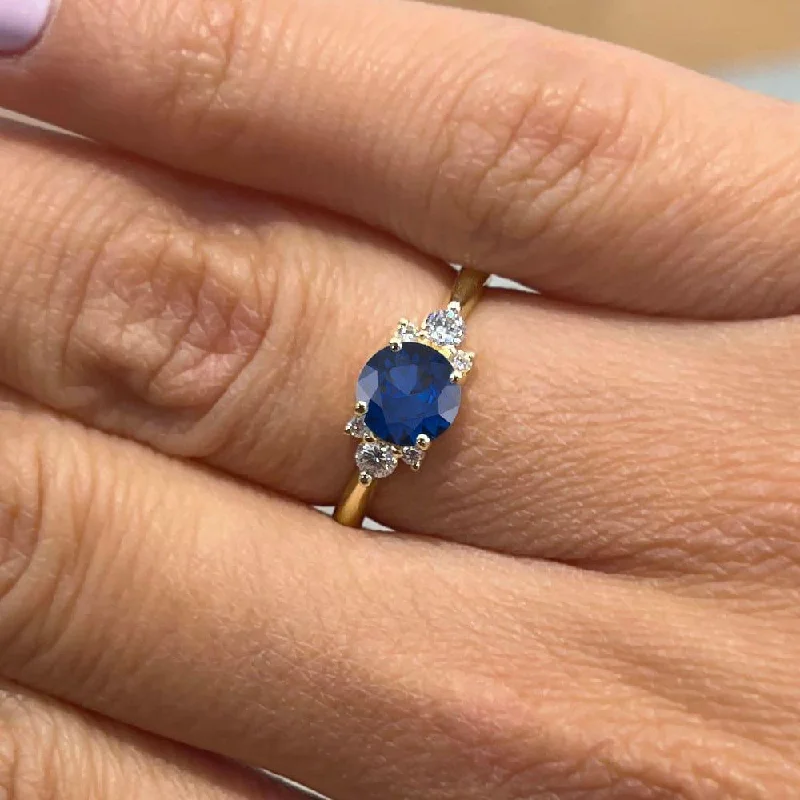 women's unique engagement rings-1.45 Carat Round Shape Cluster Blue Sapphire Engagement Ring