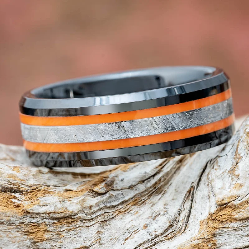 women's princess-cut rings-Black & Orange Ring With Genuine Meteorite