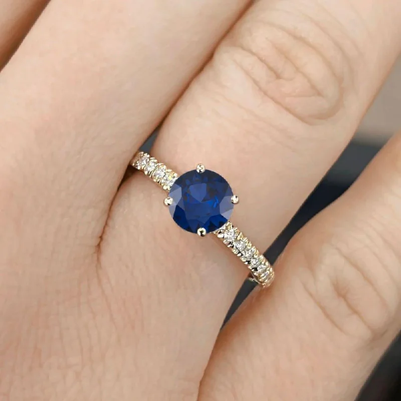 women's heart-shaped diamond engagement rings-1.50 Carat Round Shape Pave Setting Blue Sapphire Engagement Ring