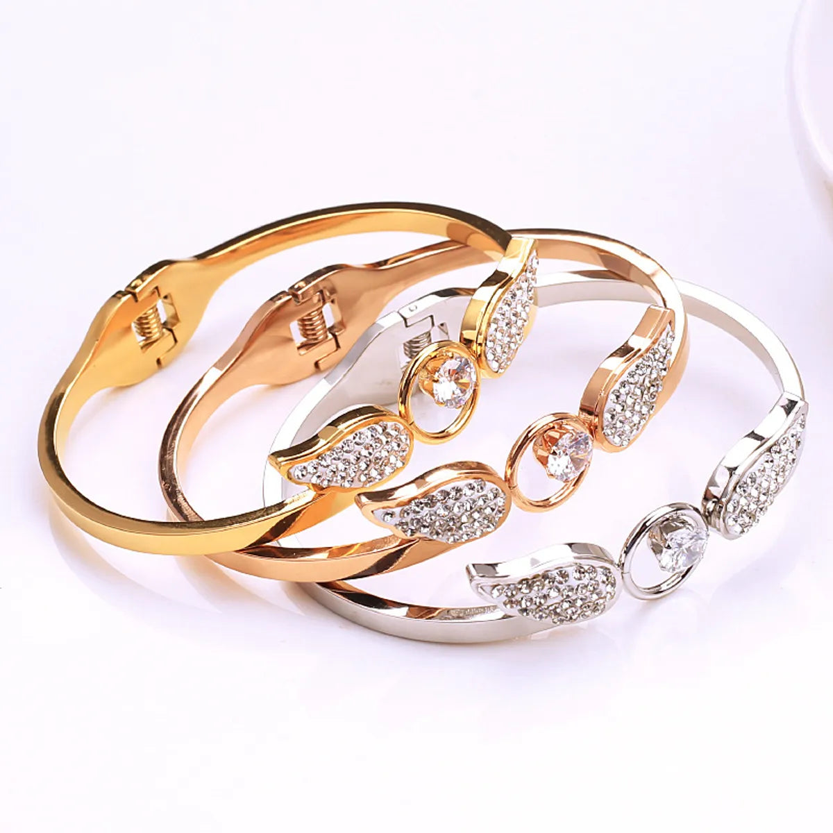 women's anniversary bracelets-Elegant Angel Wings Titanium Steel Inlay Zircon Bangle