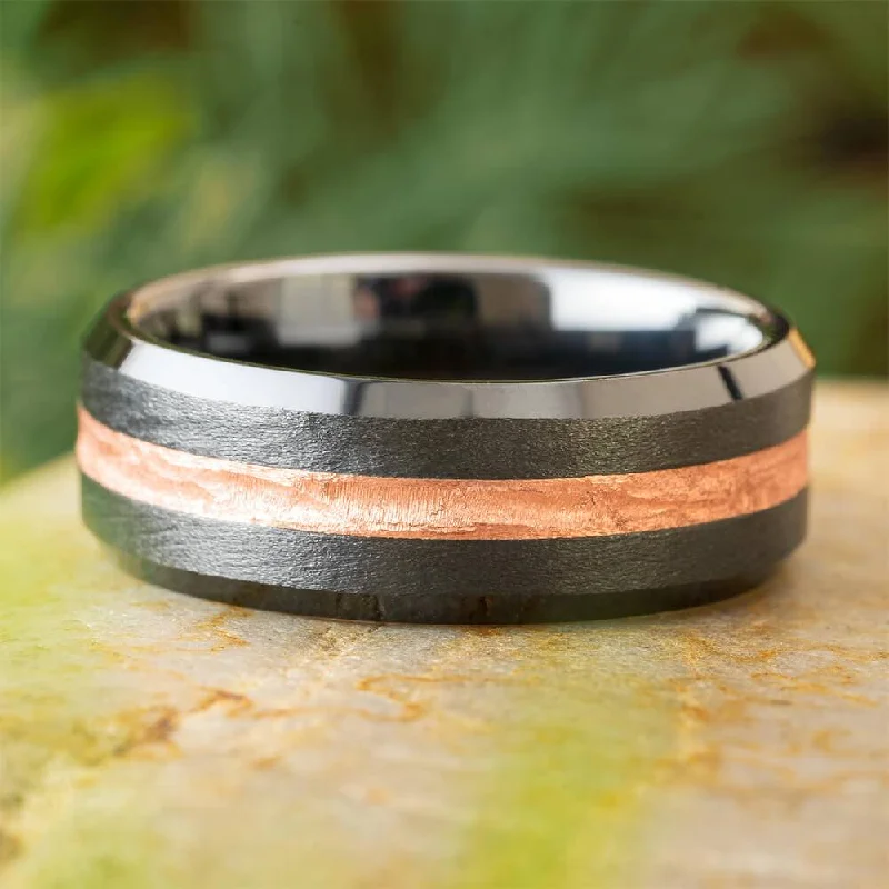 women's heart-shaped engagement rings-Black Ceramic Ring with Treebark Textured Rose Gold Inlay