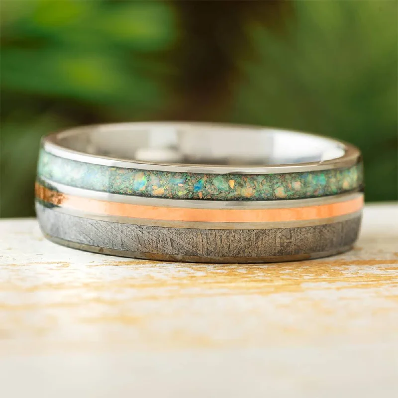 women's carved rings-Opal and Meteorite Ring with Rose Gold Pinstripe