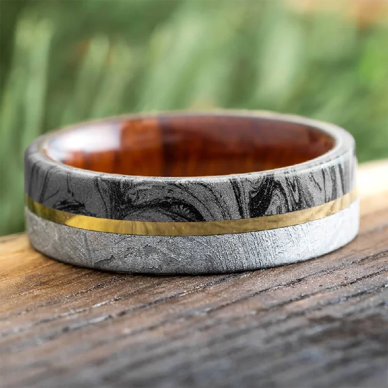 women's rose gold rings-Mokume Gane and Meteorite Ring with Ironwood and Gold