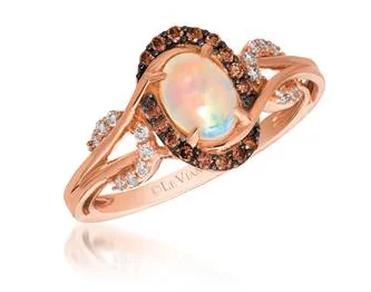 women's floral design engagement rings-14K Strawberry Gold 0.45cttw Neopolitan Opal & 0.23cttw Chocolate & Vanilla Diamond Ring