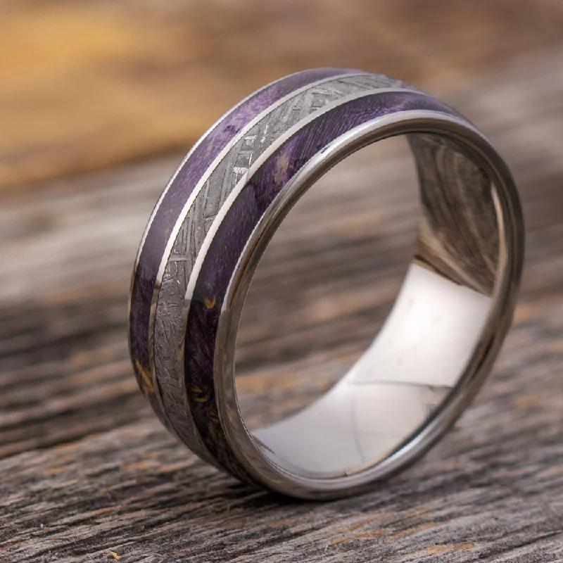 women's emerald rings-Purple Wood & Meteorite Men's Wedding Band