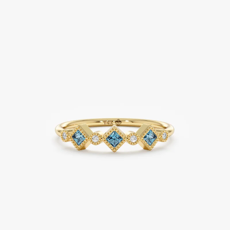 women's rose gold engagement bands-Milgrain Set Blue Topaz and Diamond Ring, Jette