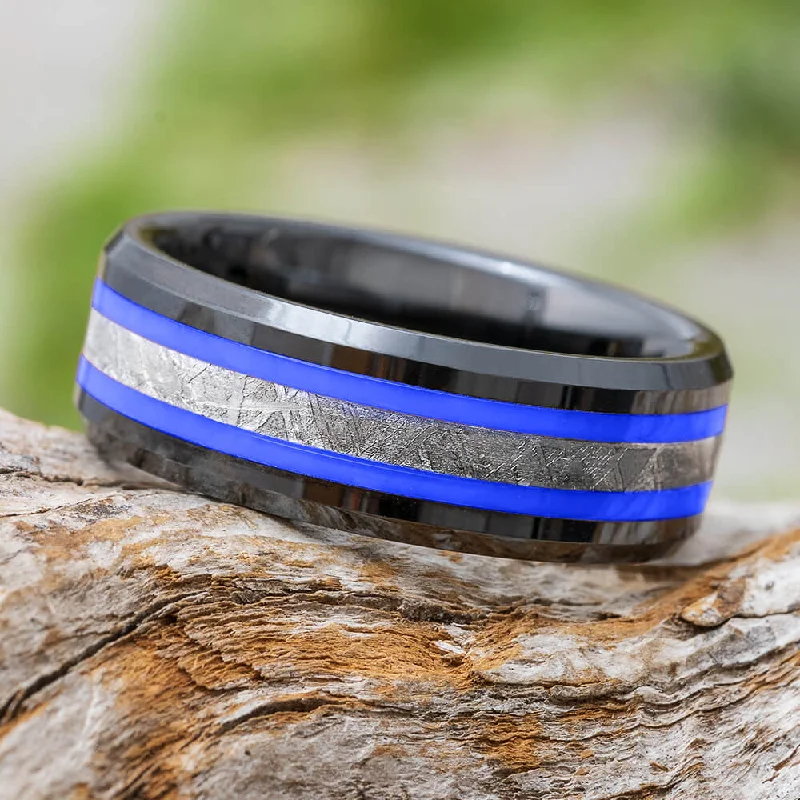 women's cushion-cut rings-Black & Blue Ring With Genuine Meteorite