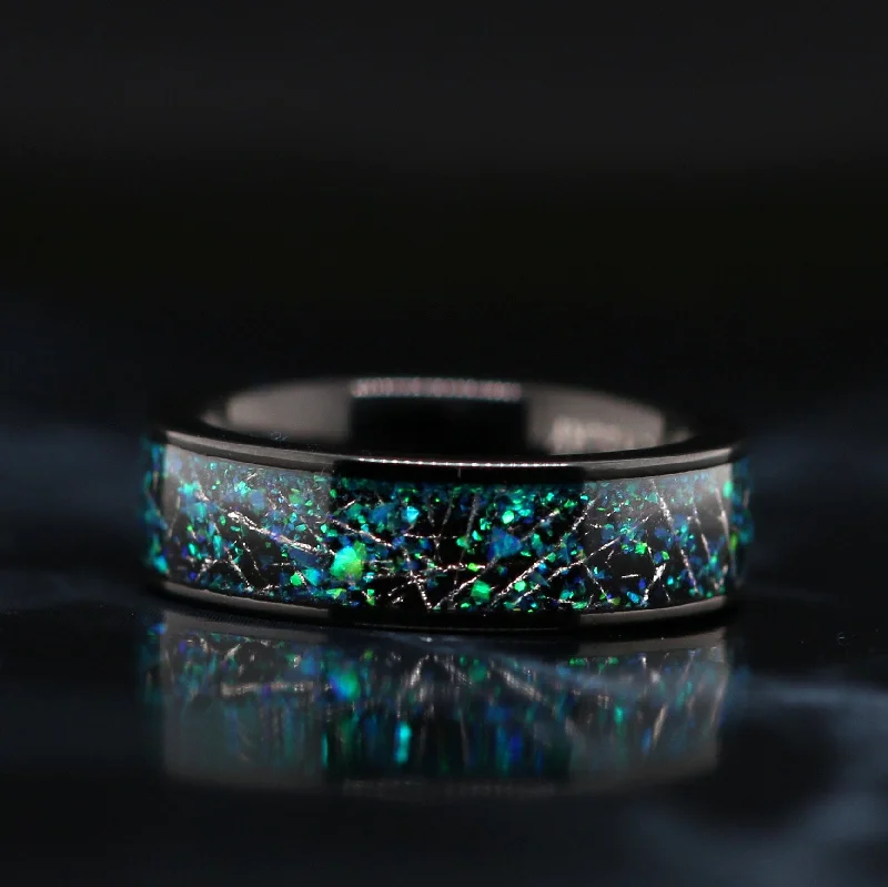 women's radiant cut engagement rings-Celestial Harmony - Opal Meteorite Ring | Unisex Wedding Band