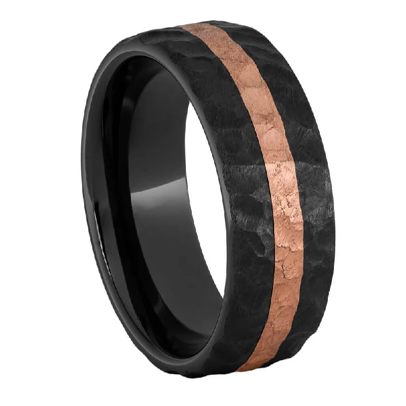 women's antique rings-Textured Finish Black Ceramic Ring with Rose Gold Pinstripe