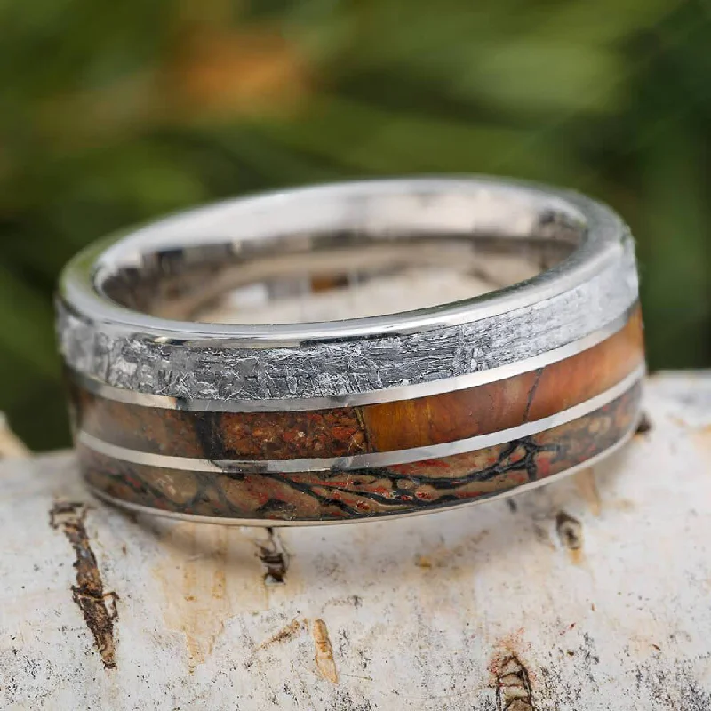 women's cushion-cut rings-Wedding Band With Meteorite, Dinosaur Bone, And Petrified Wood