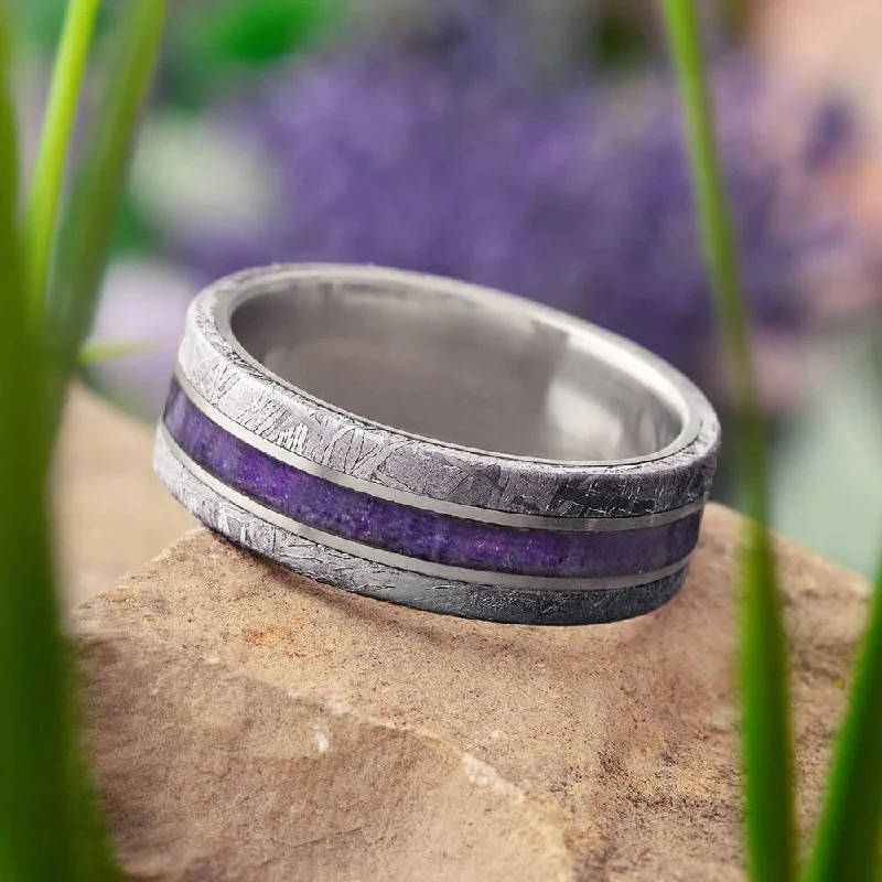 women's two-tone rings-Meteorite Wedding Band With Crushed Amethyst