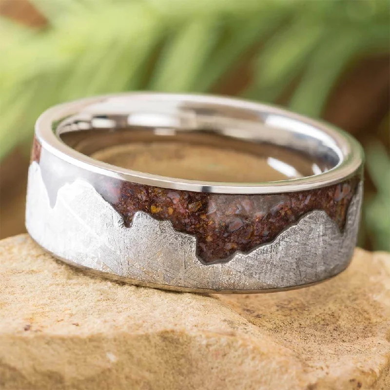 women's ruby rings-Wavy Mountain Ring With Meteorite and Fossil