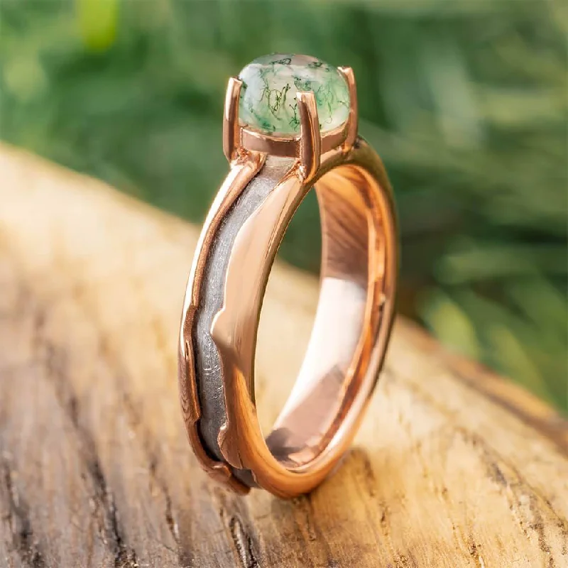 women's platinum rings-Moss Agate Solitaire with Gibeon Meteorite in Rose Gold