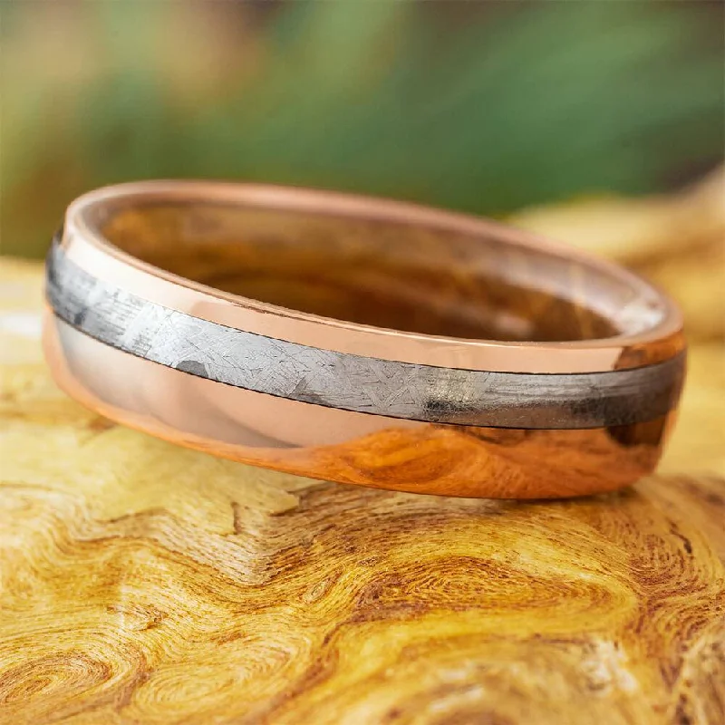 women's custom wedding rings-Rose Gold and Meteorite Ring with Whiskey Barrel Oak