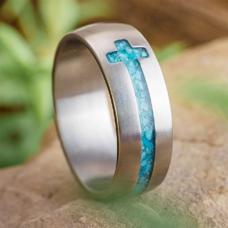 women's personalized rings-Kingman Turquoise Cross Ring