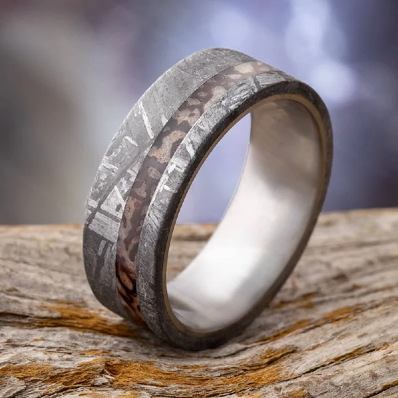 women's luxury diamond rings-Meteorite Wedding Band With Dinosaur Bone and Titanium