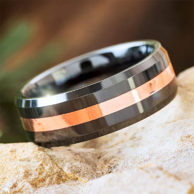 women's gemstone engagement rings-Radiant Rose Gold Nestled in a Black Ceramic Ring