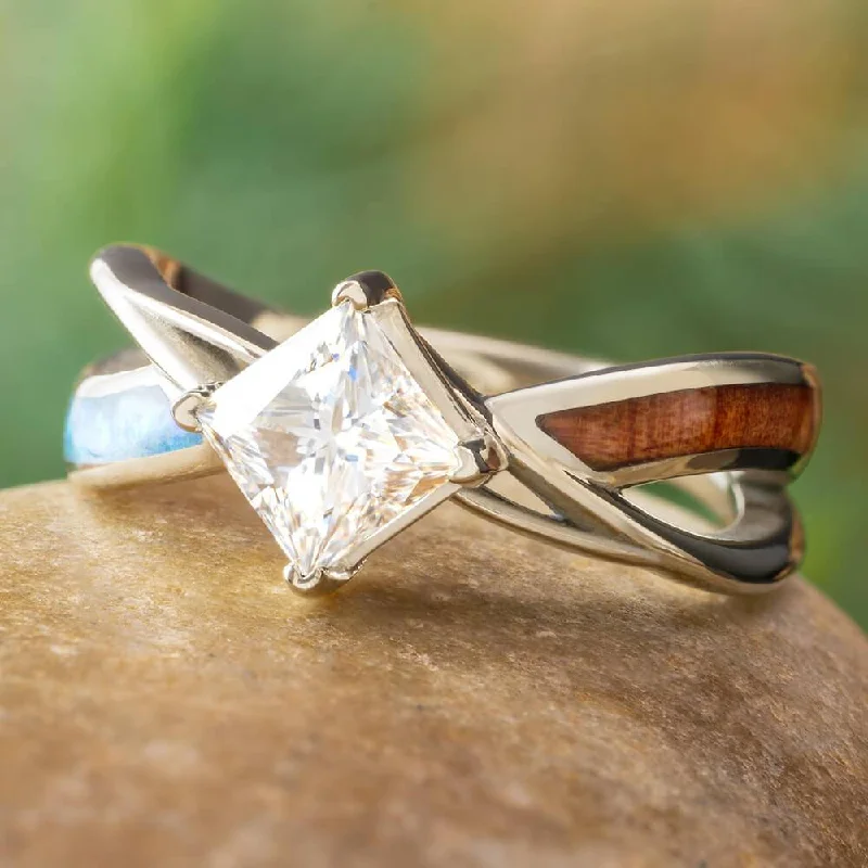 women's birthstone rings-Opal & Wood Engagement Ring With Twist Design