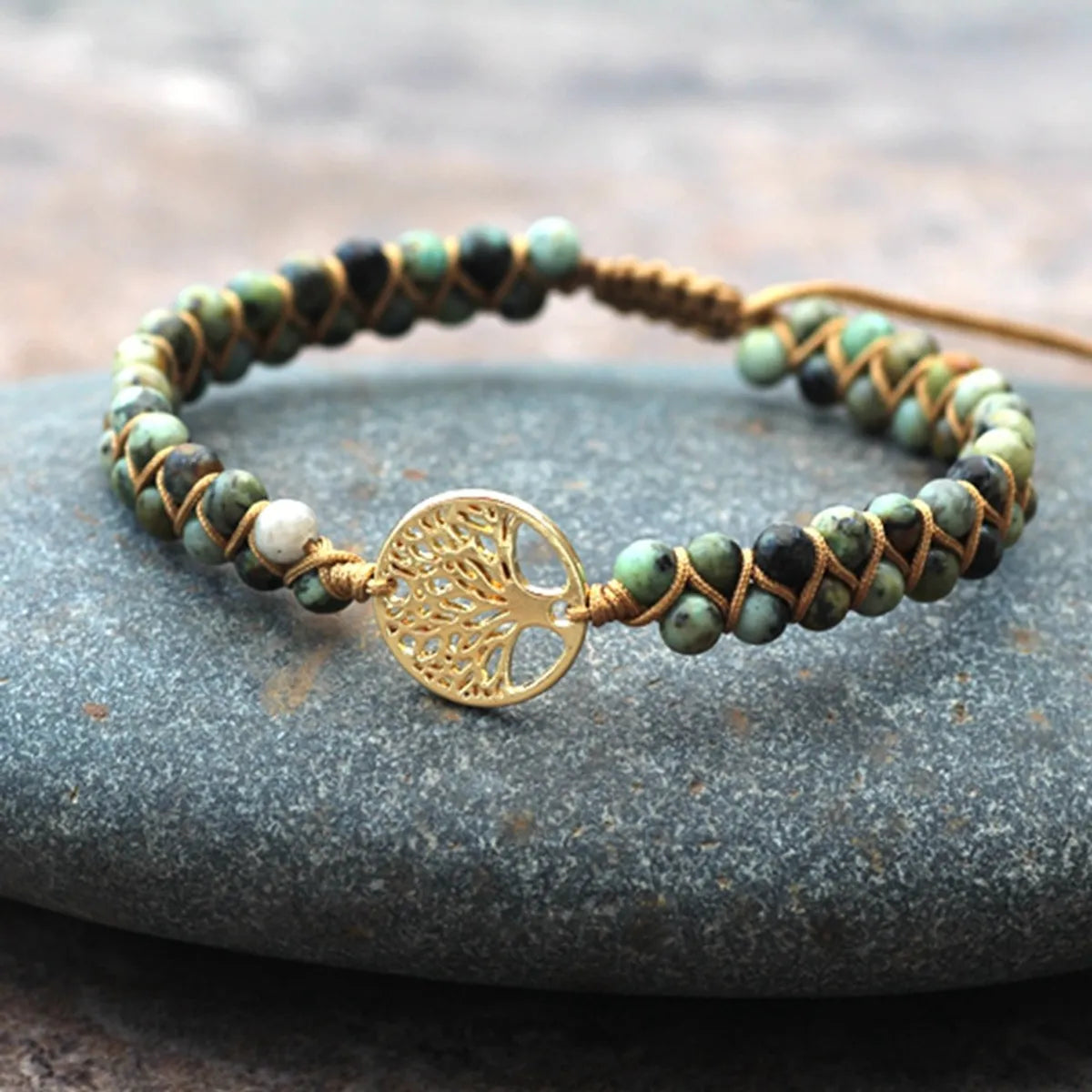 women's gold charm bracelets-Bohemian Tree Turquoise Metal Braid Bracelets