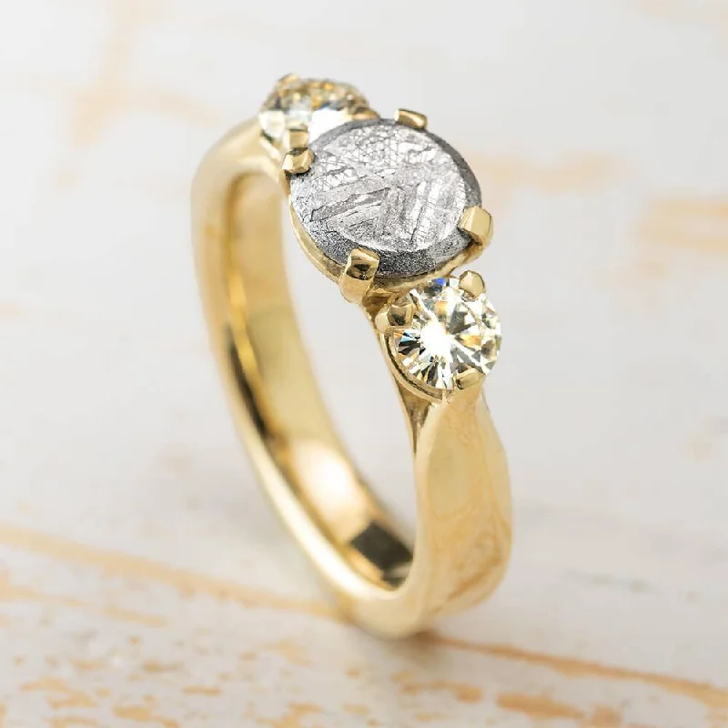 women's cushion-cut rings-Classic Three Stone Engagement Ring with Meteorite