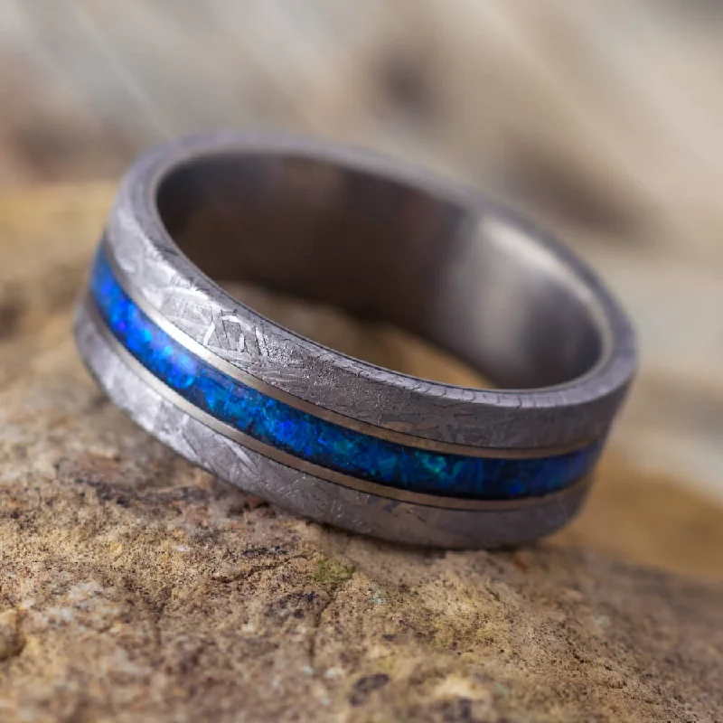 women's large rings-Meteorite and Dark Blue Opal Men's Wedding Band in Matte Titanium